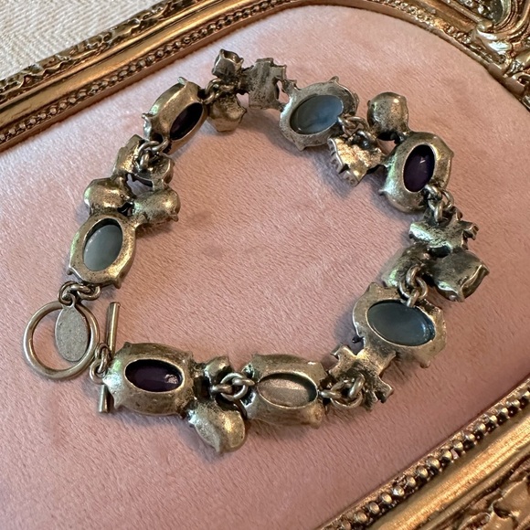 Shades of Blue Rhinestone Toggle Clasp Bracelet Y2K Burnished Gold Finish Opal - Picture 4 of 7